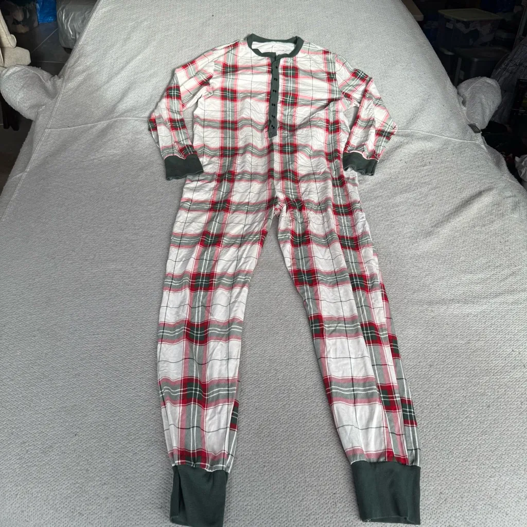 Hearth & Hand Magnolia Holiday Plaid One Piece Union Suit Snap Button Size Large Green - Image 2