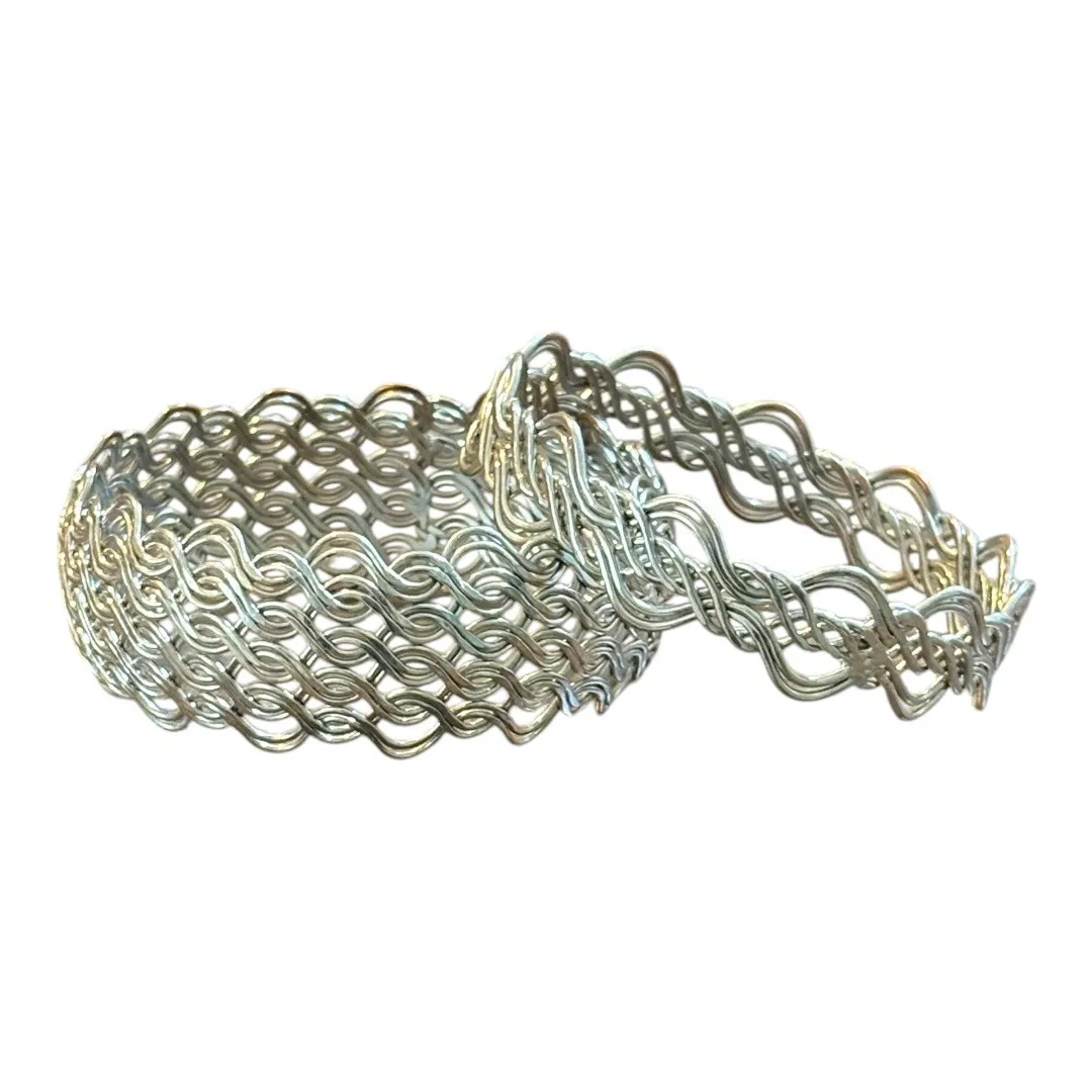 Silver Tone Woven Bangle Bracelet‎ Set Intricate Wave Pattern Stackable Jewelry - Image 9