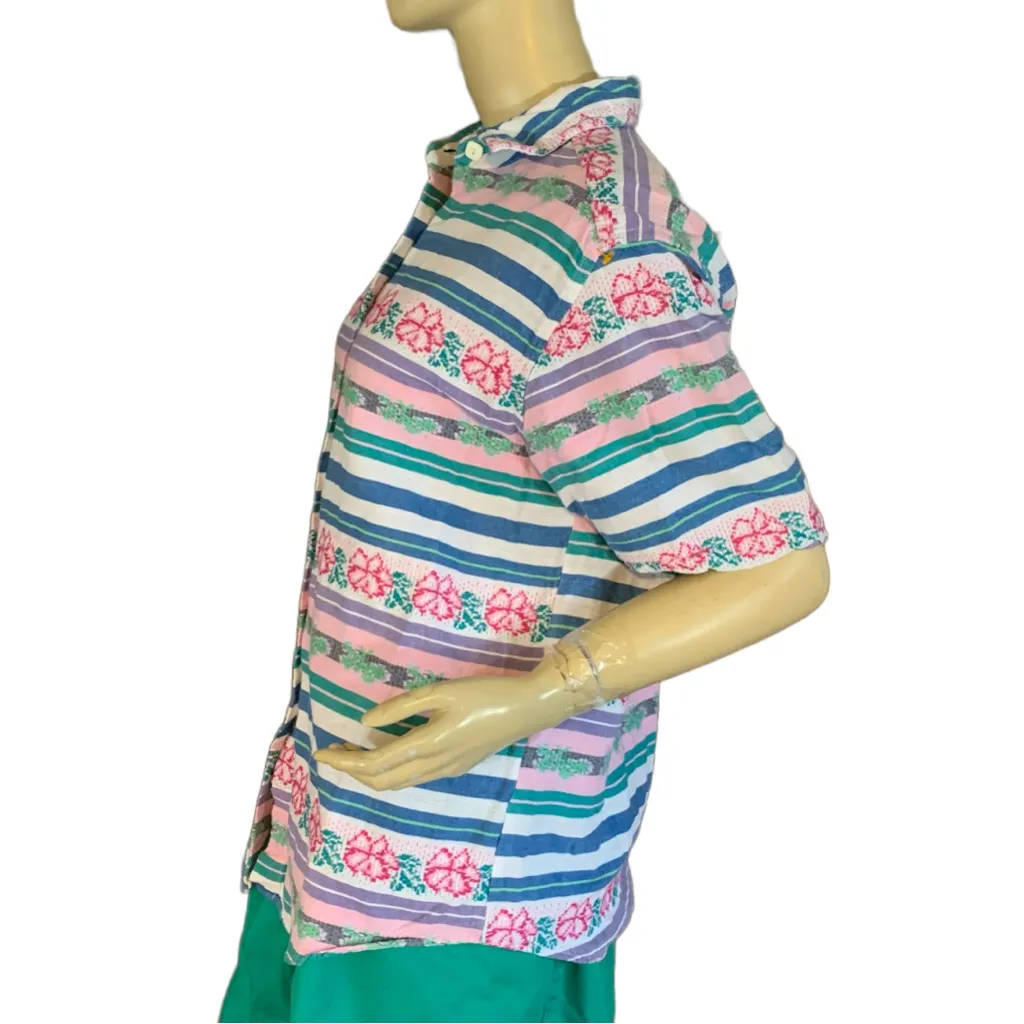 VINTAGE CABIN CREEK PINK, BLUE & WHITE FLORAL & STRIPE COTTON SHORT SLEEVE TOP L - Image 6