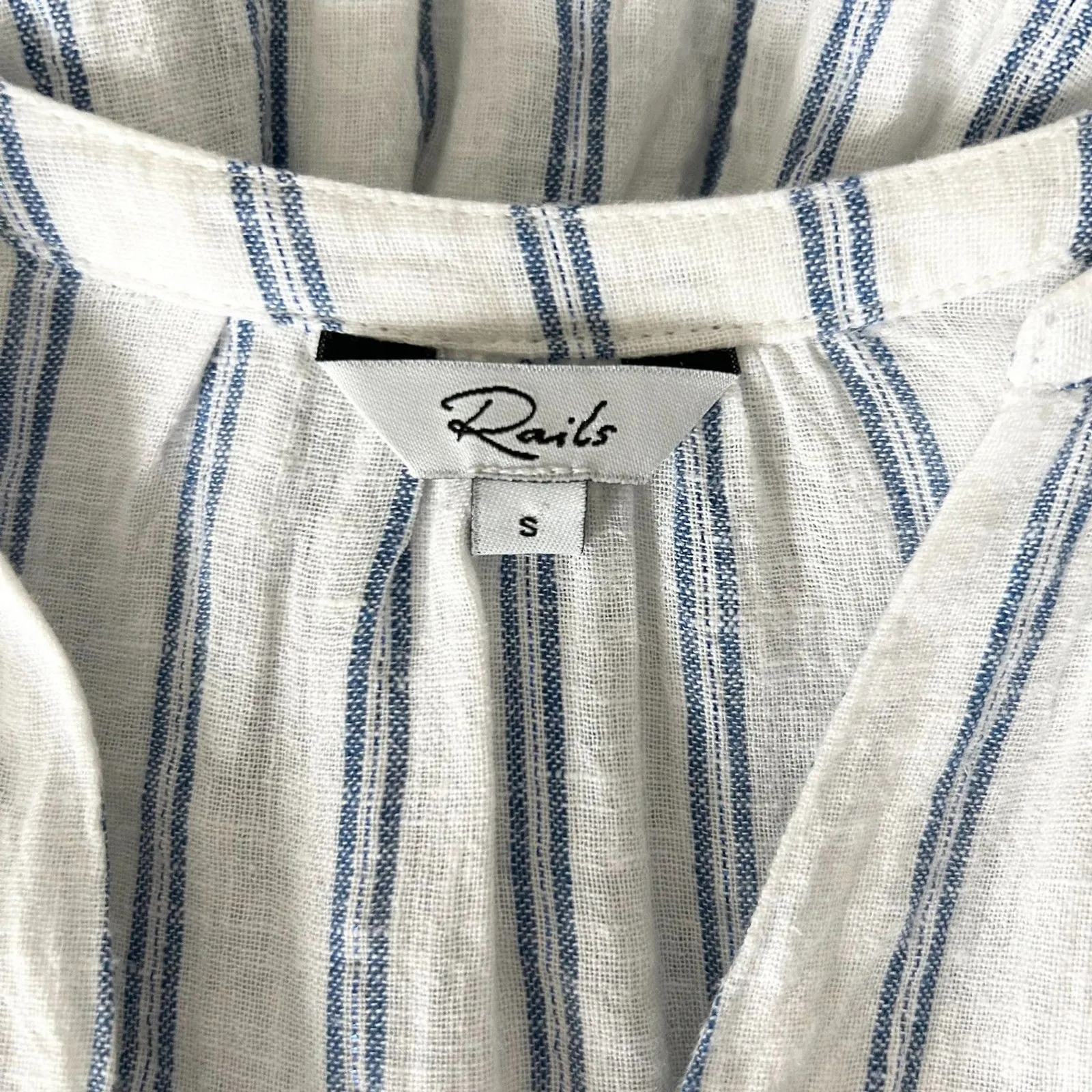 Rails Jasmine Mini Dress in Marine Blue Stripe Linen Blend Smocked Waist Size S - Image 5