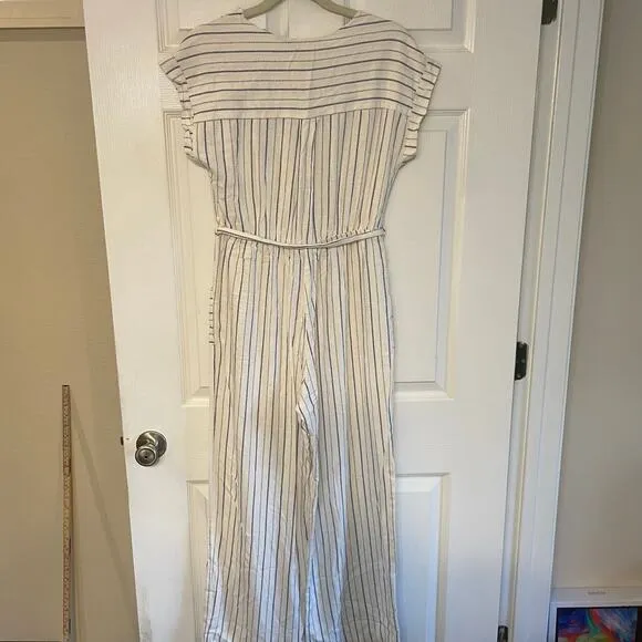 Monteau Los Angeles Blue Striped Linen Blend Casual Jumpsuit Sz L Belt, Pockets - Image 2