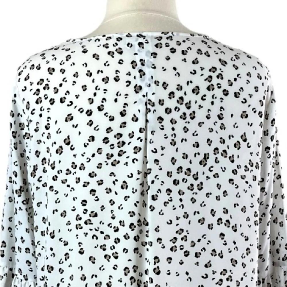 Elle Blouse Top Ruffle Bell Sleeve Pullover White Black Leopard Women’s Size XL - Image 8