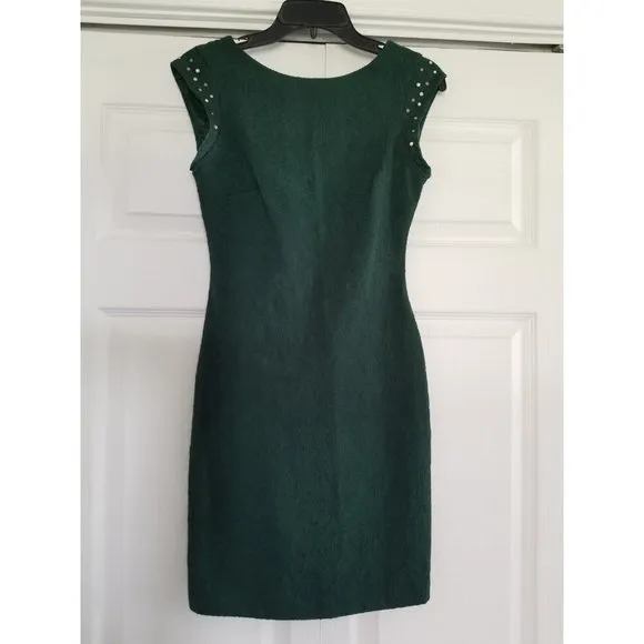 Vintage Zara Emerald Green Brocade Lace Sheath Dress w/Studs Womens Size Small - Image 2