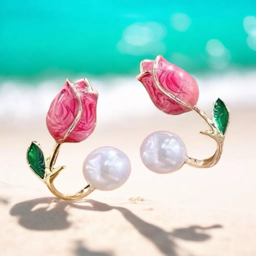 Stunning One Pair‎ of Gold Plated Elegant Pink Rose Bead Ear Studs Earrings - Image 4