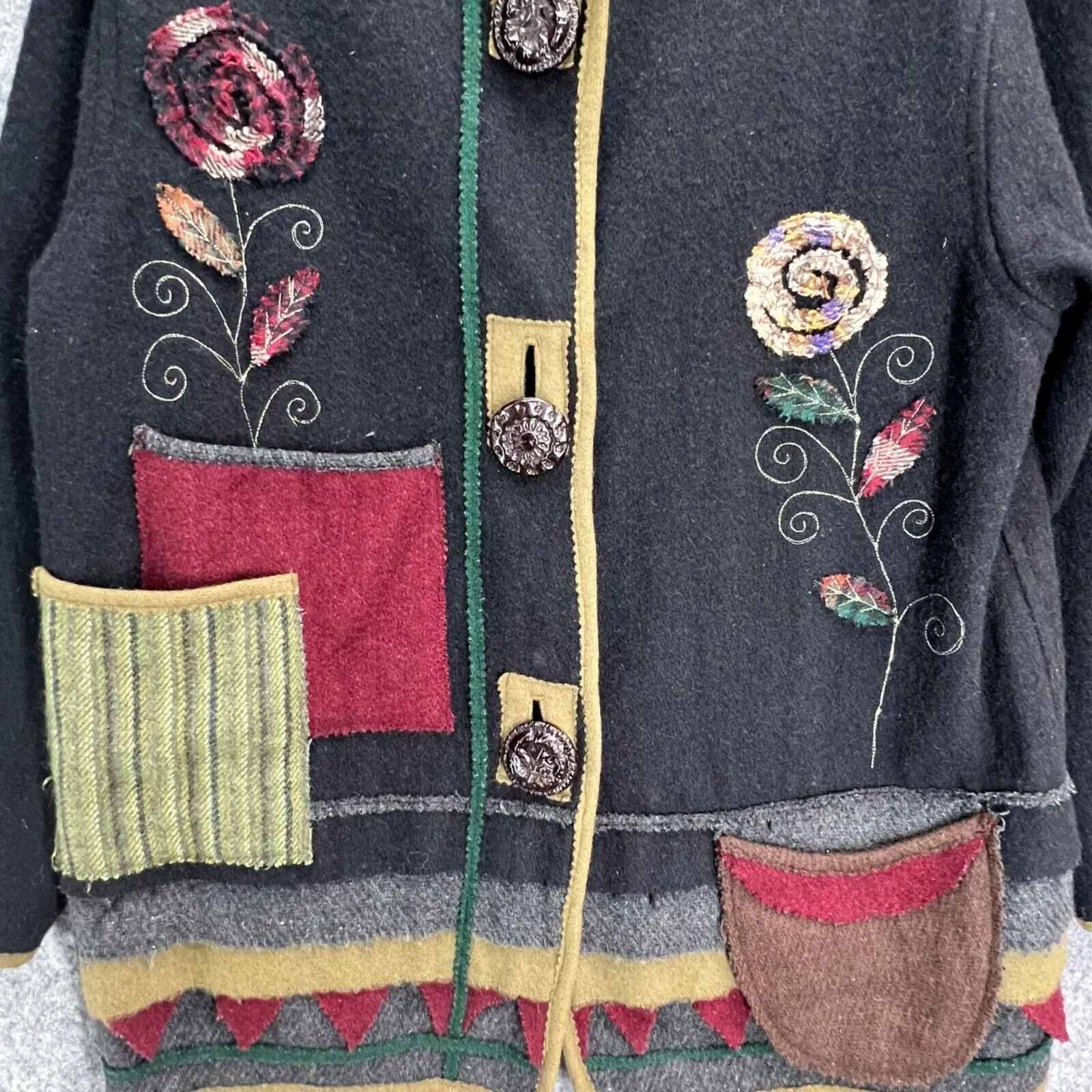 Parsley & Sage Sweater Jacket Womens S Black Multi Wool Patchwork Artful Cottage - Image 4