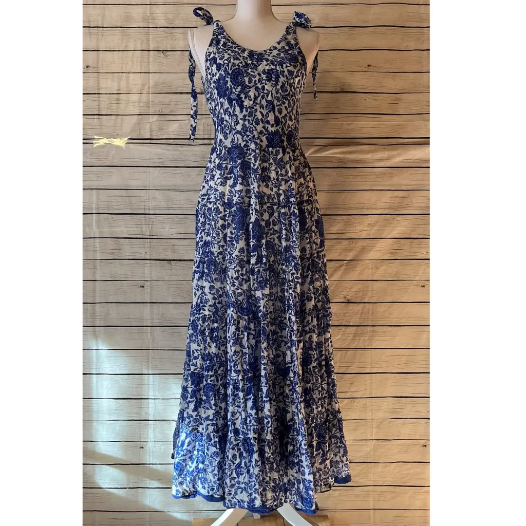 FREE PEOPLE Kikas Blue And White Floral Tie Shoulder Maxi Dress Size Medium - Image 14