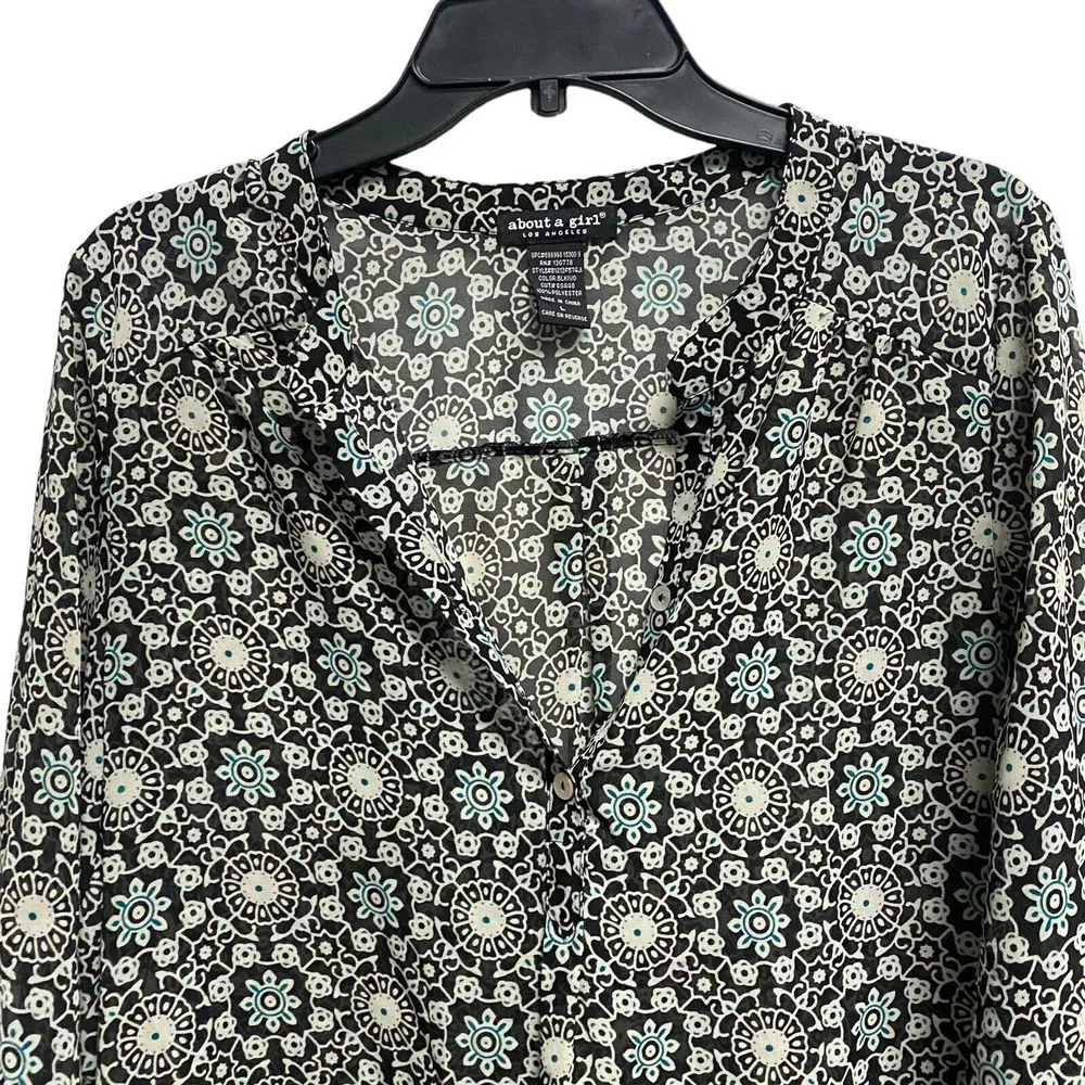 About A Girl Los Angeles Womens Large Sheer Floral MOP Button Multi Blue Blouse - Image 2