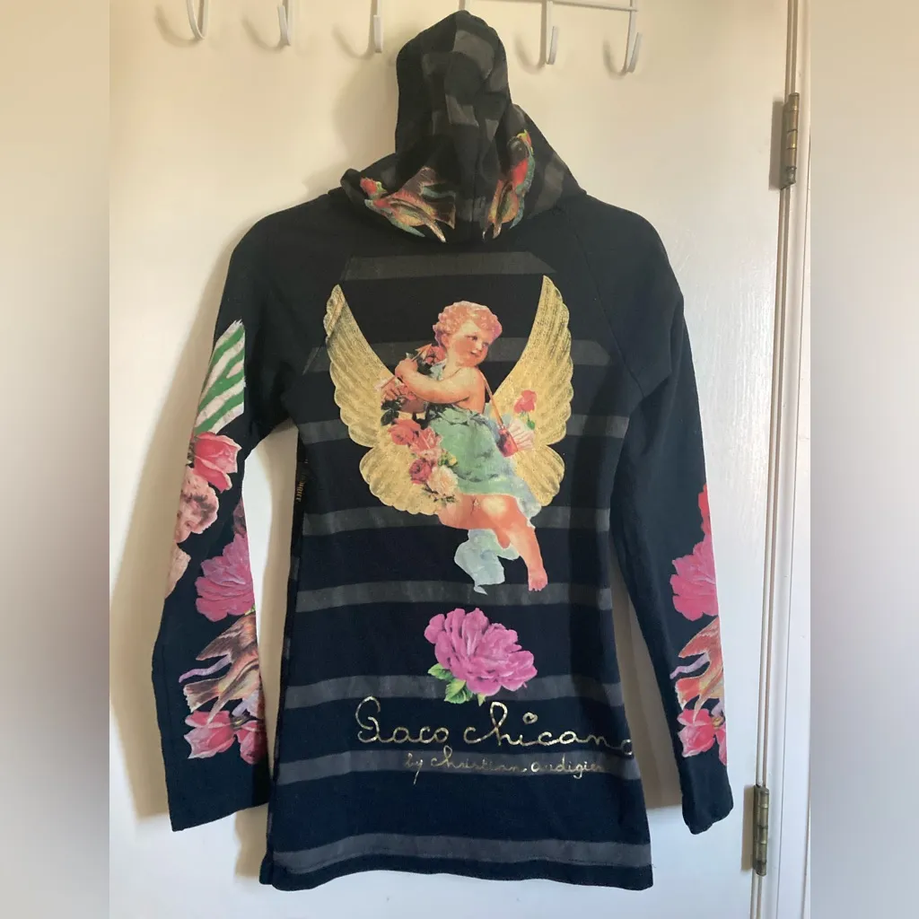 ***HTF Paco Chicano Christian Audigier Rare Black Striped Floral Cherub Hoodie#R Pink - Image 10