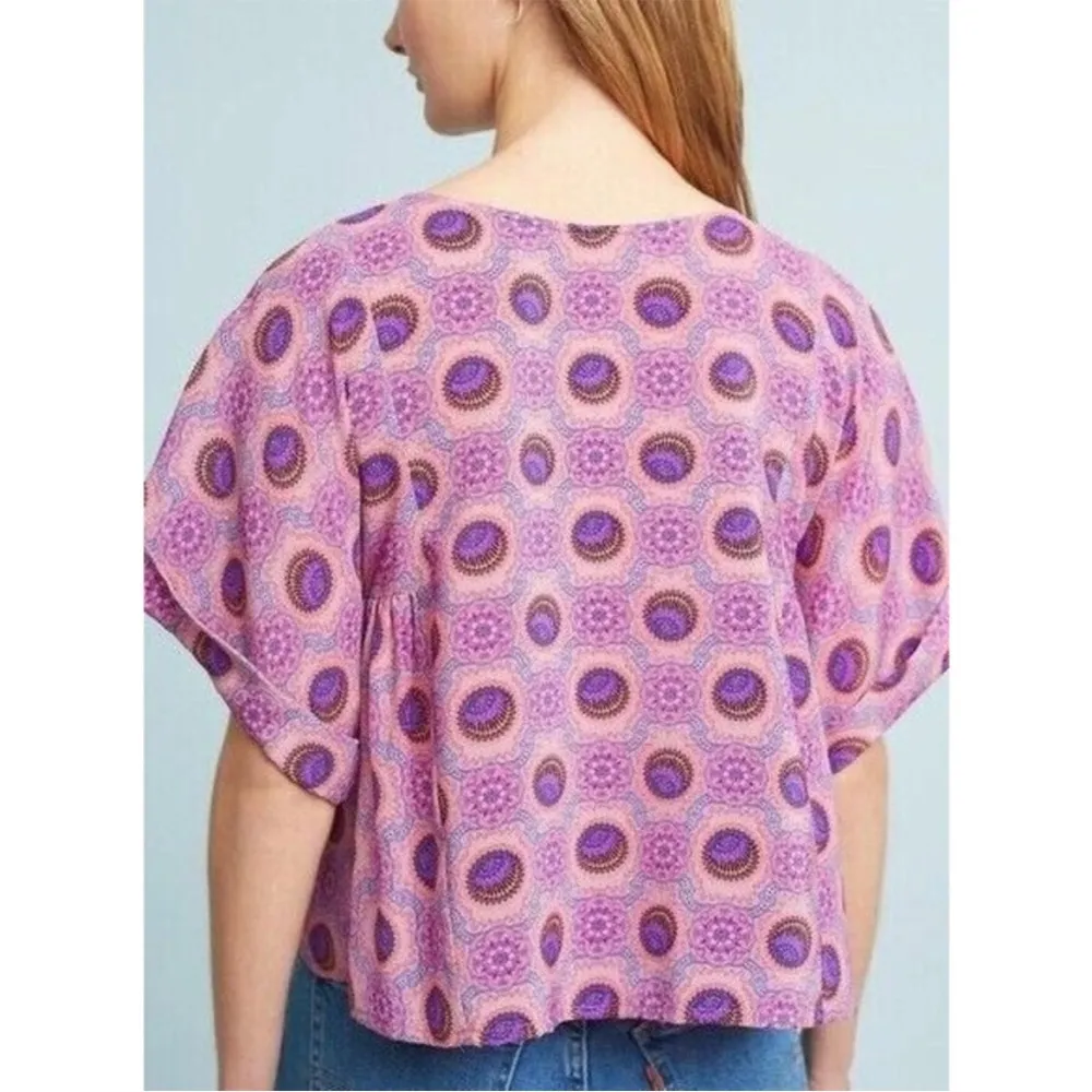 Maeve Anthropologie Pink Purple Milla Medallion Short Sleeve Blouse Boho Small - Image 6