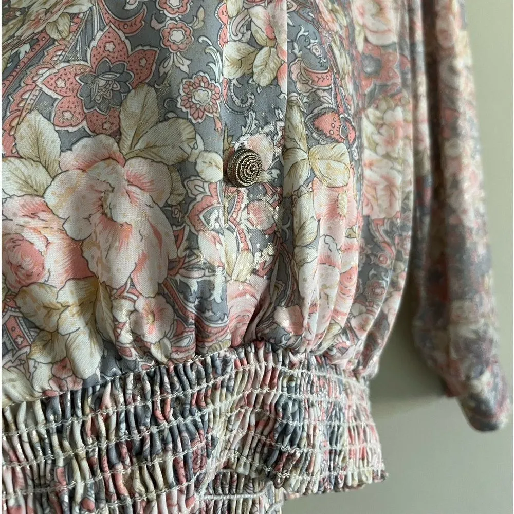 Vintage Lori of California Floral Smocked Hem Blouse Pastel Pink Gray M Size M - Image 9