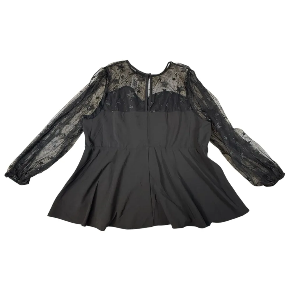 Torrid Peplum Stretch Woven Glitter Star Organza Top Black 3 3X 28 #E32767 NWT - Image 5