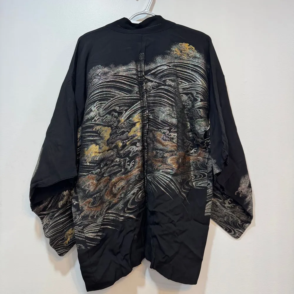 Haori Jacket Vintage‎ 50s 80s Black Gold Silver Mountain Landscape Silk Kimona Size XL - Image 4