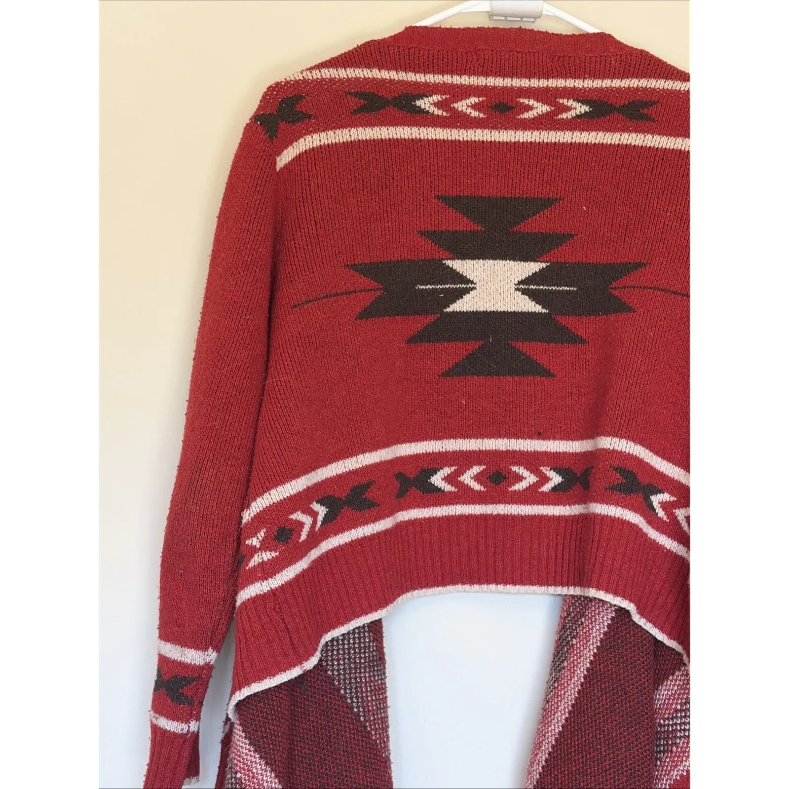 Tea n Rose Red Aztec Southwestern Fringe Wool Blend Open Cardigan Sweater Small - Image 7