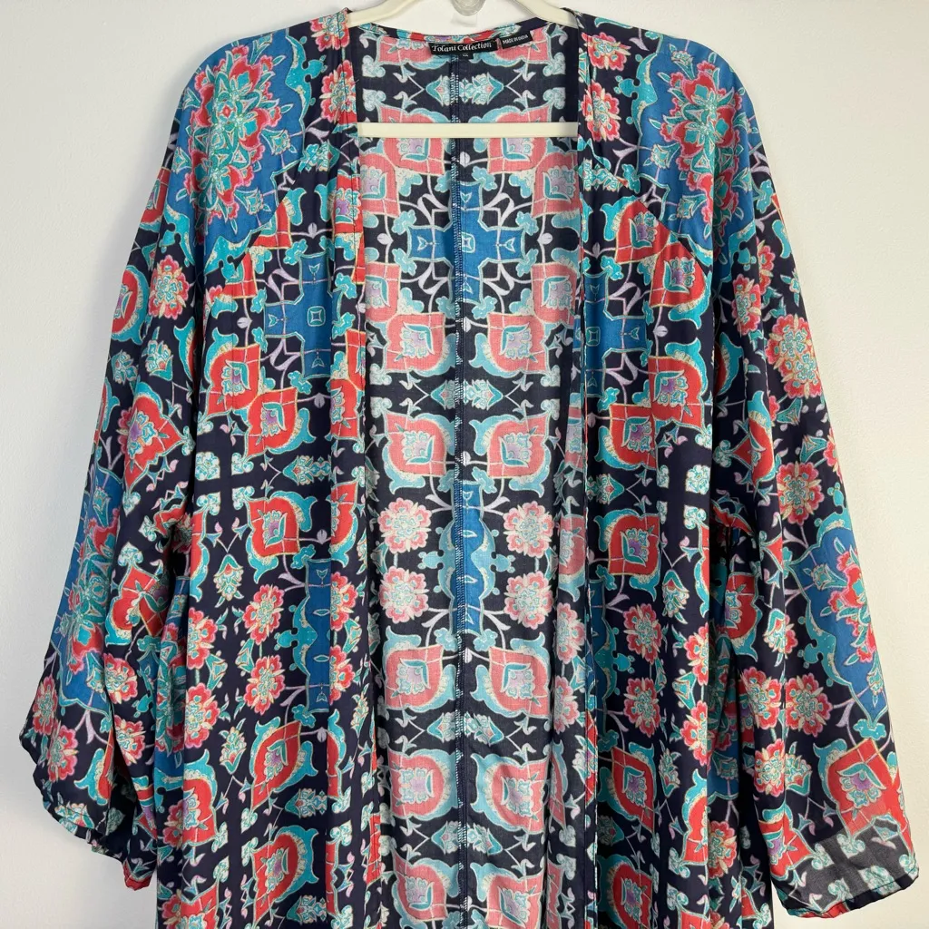 Tolani Collection Kimono Longline Cardigan 1X Blue Red Multicolor Abstract Print - Image 2