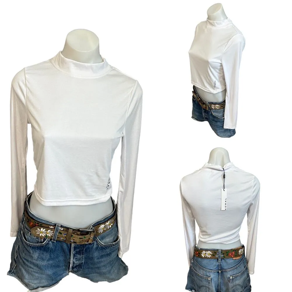 KORAL White Long Sleeve Crop Top MEDIUM Ribbed Mock Neck Logo Marlow $85 NEW - Image 10