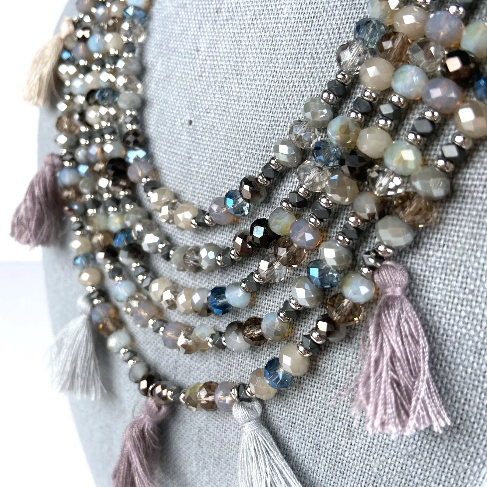 Multi Strand Crystal Bead Necklace with Tassels Gray Taupe Statement Jewlery - Image 3