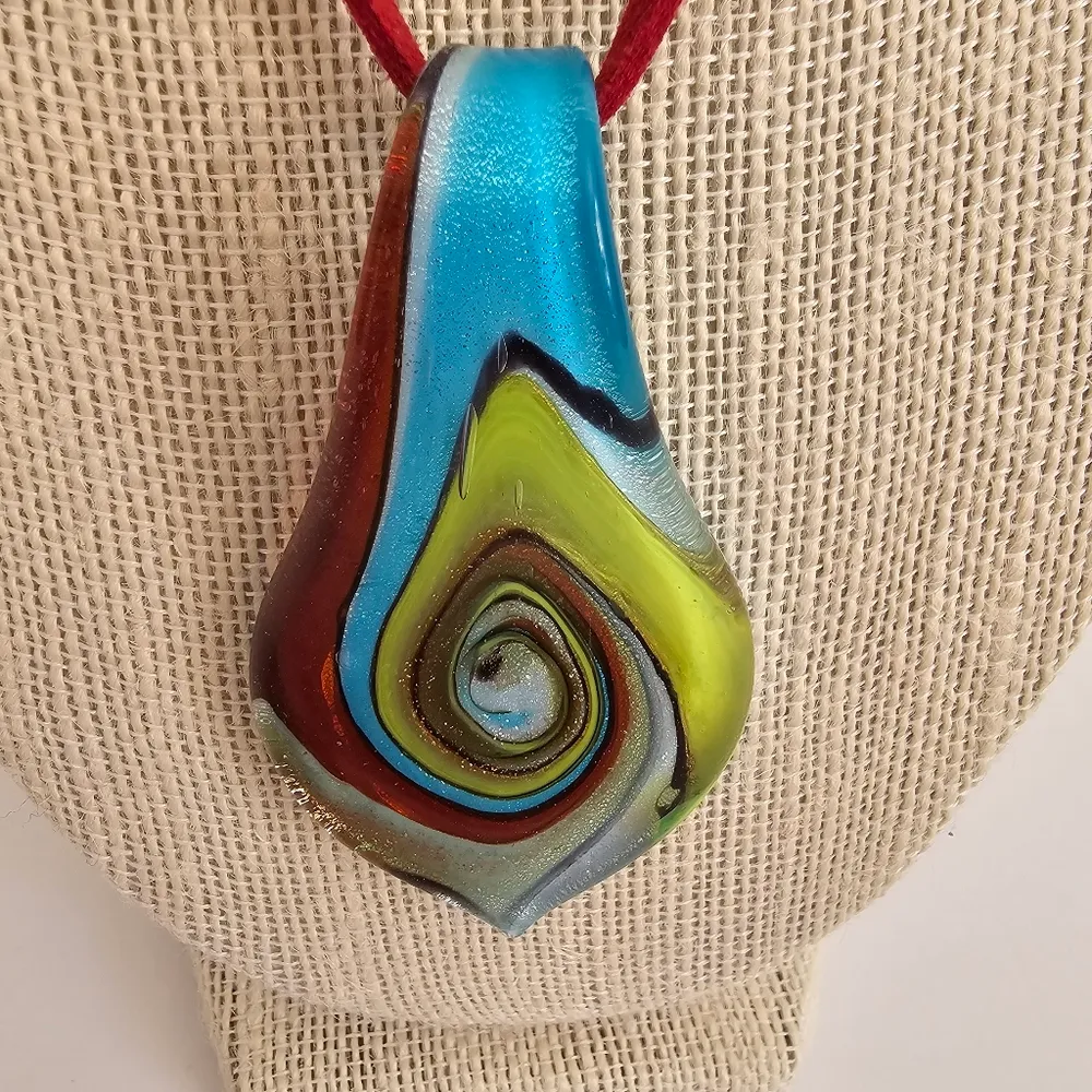 Blue Green Brown Swirl teardrop Murano blown glass large pendant suede cord - Image 3