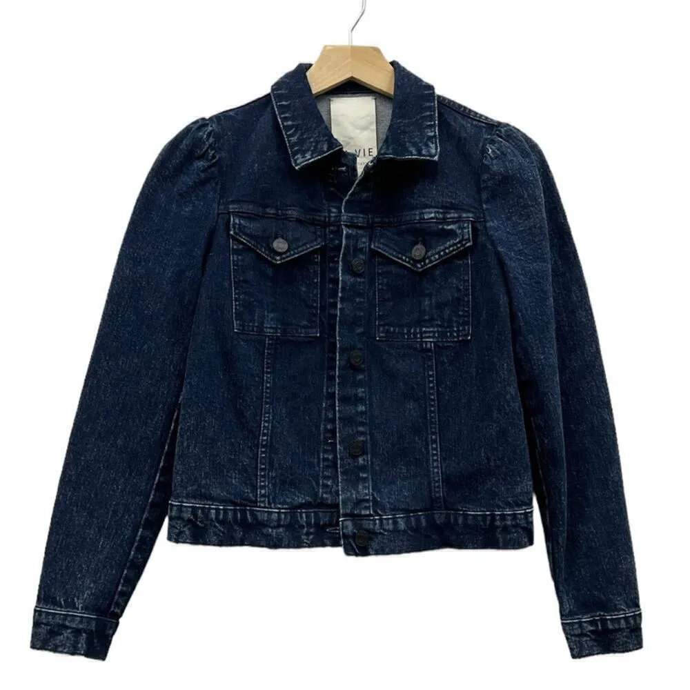 La Vie Rebecca Taylor Shirred Shouder Cropped Denim Jacket in Dark Blue size XS - Image 2