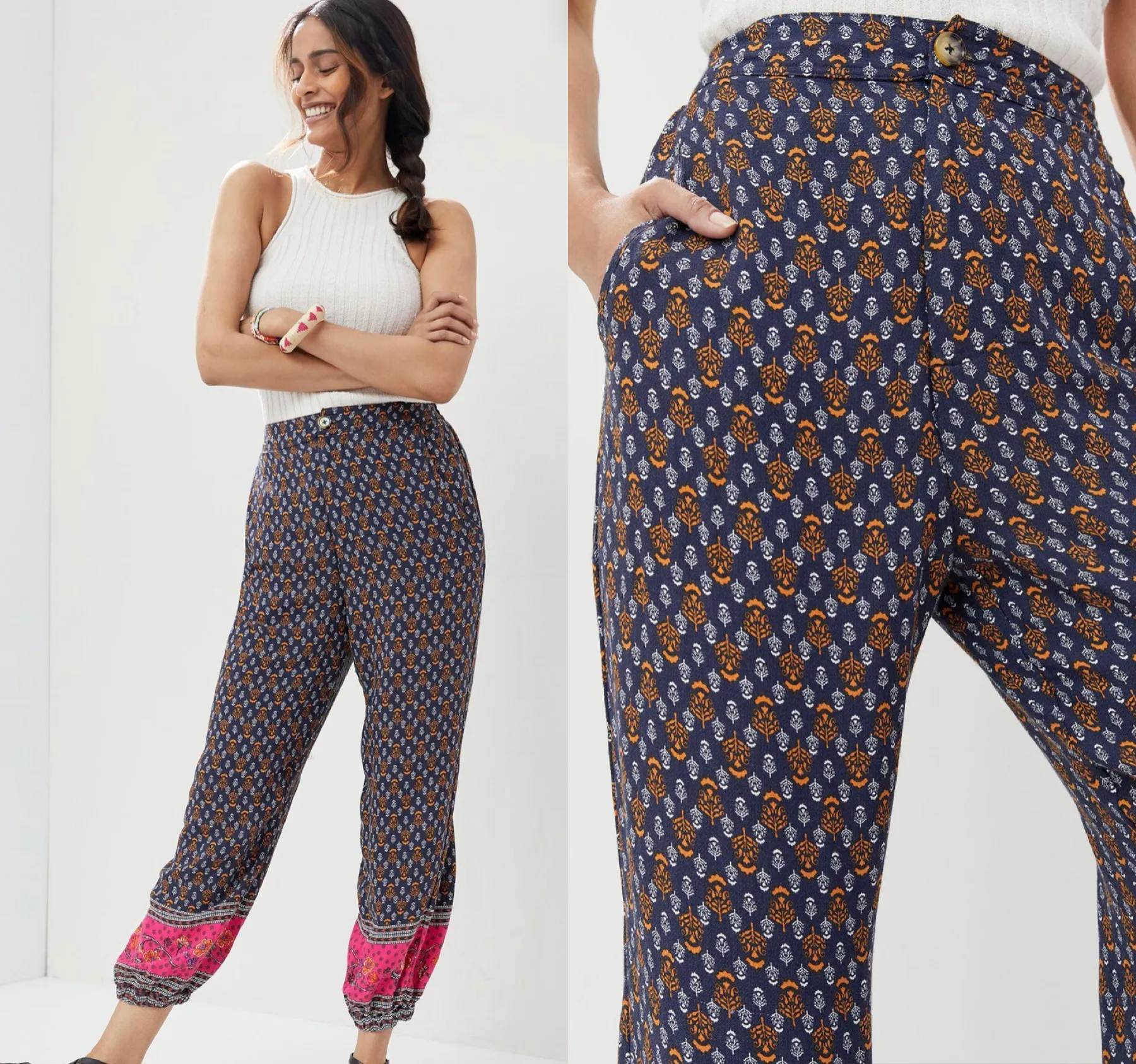 Anthropologie NWT $120  Blue Motif Smocked Balloon-Leg Viscose Abstract Pants 2 - Image 14