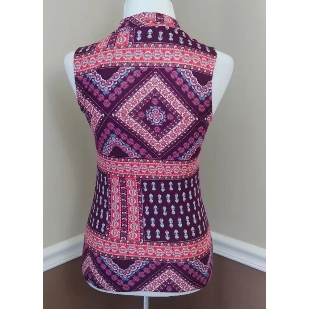 Modcloth Burgundy Floral Tie Neck Retro Sleeveless Top Coquette Boho Pin Up Mod - Image 3