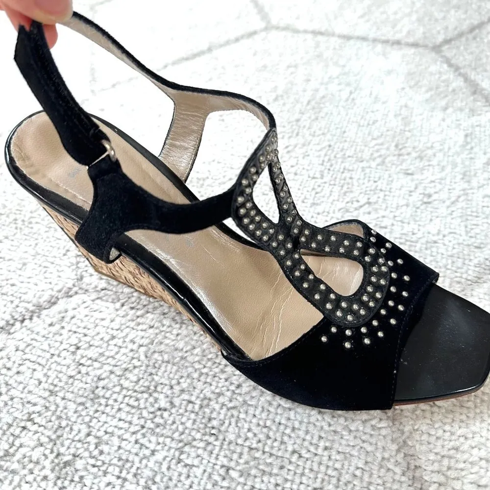 Aquatalia Open Toe Suede/Patent Leather/Straw Peep Toe Wedges Sz 8 - Image 7