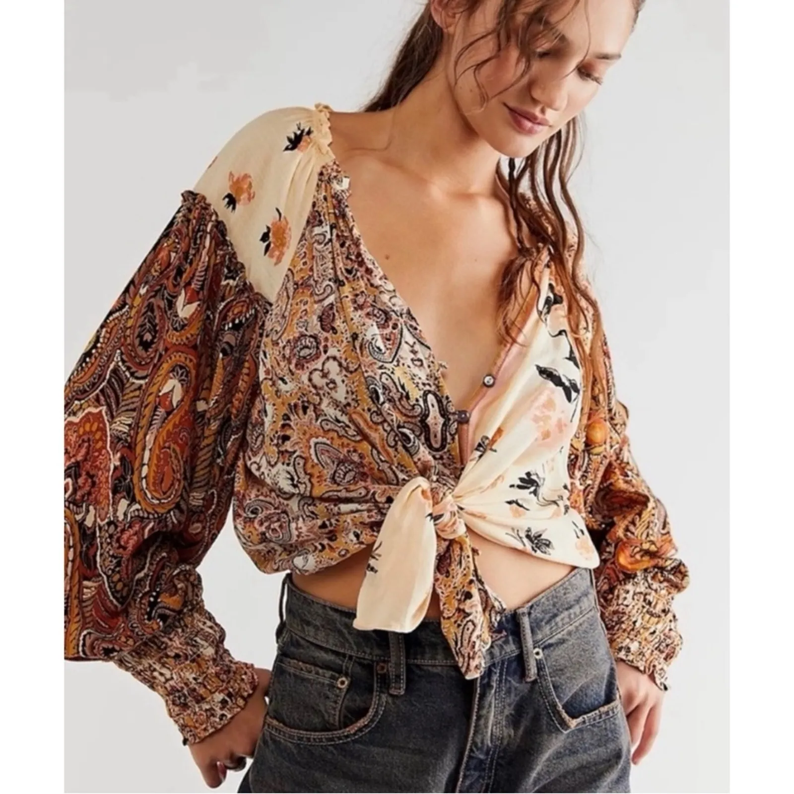 Free People Bohemian Patchwork Retro 70s Gemini Blouse in Sand Combo Medium - Image 8