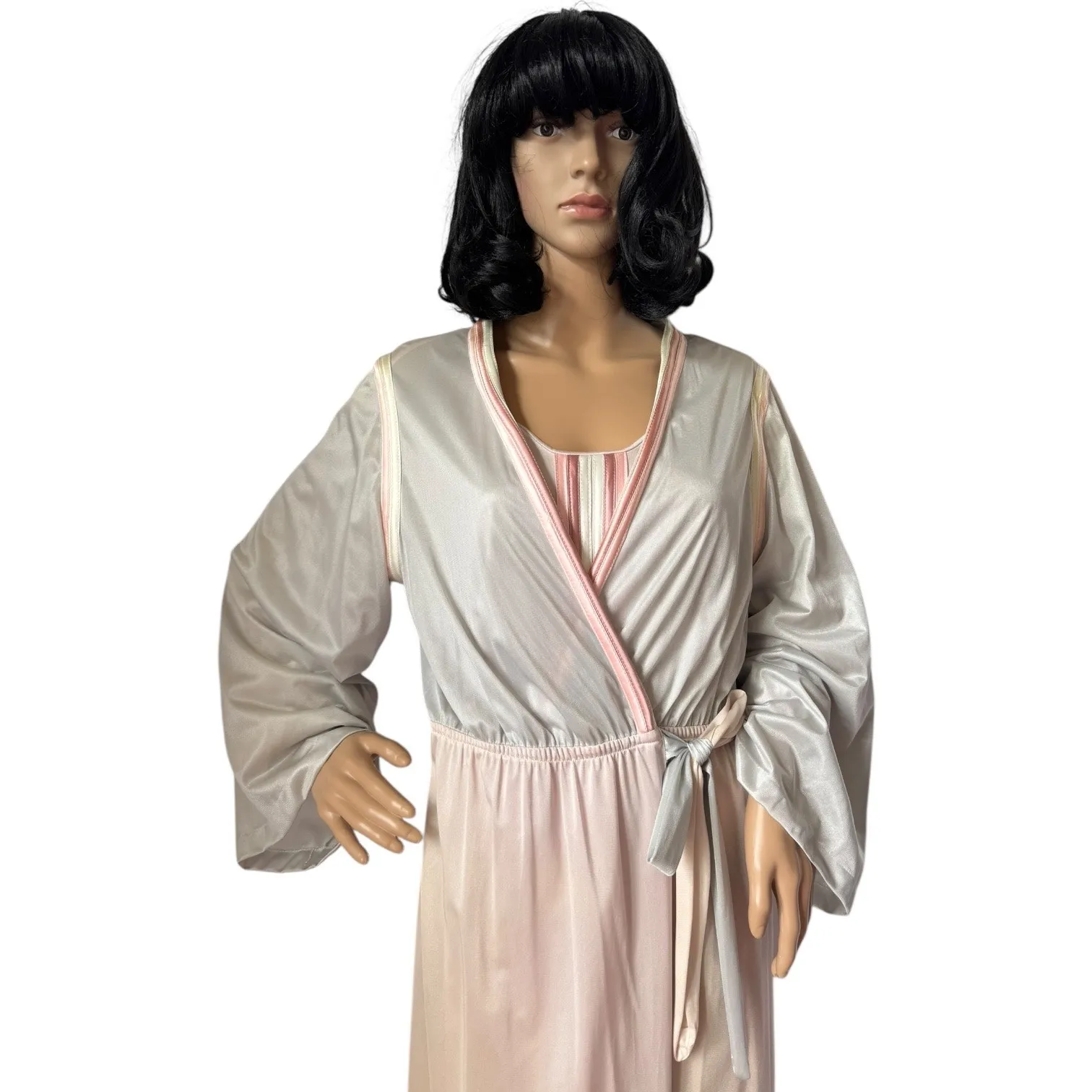 Vintage 1970s Sears Pink & Grey Satin Robe Nightgown Set medium Gray - Image 6