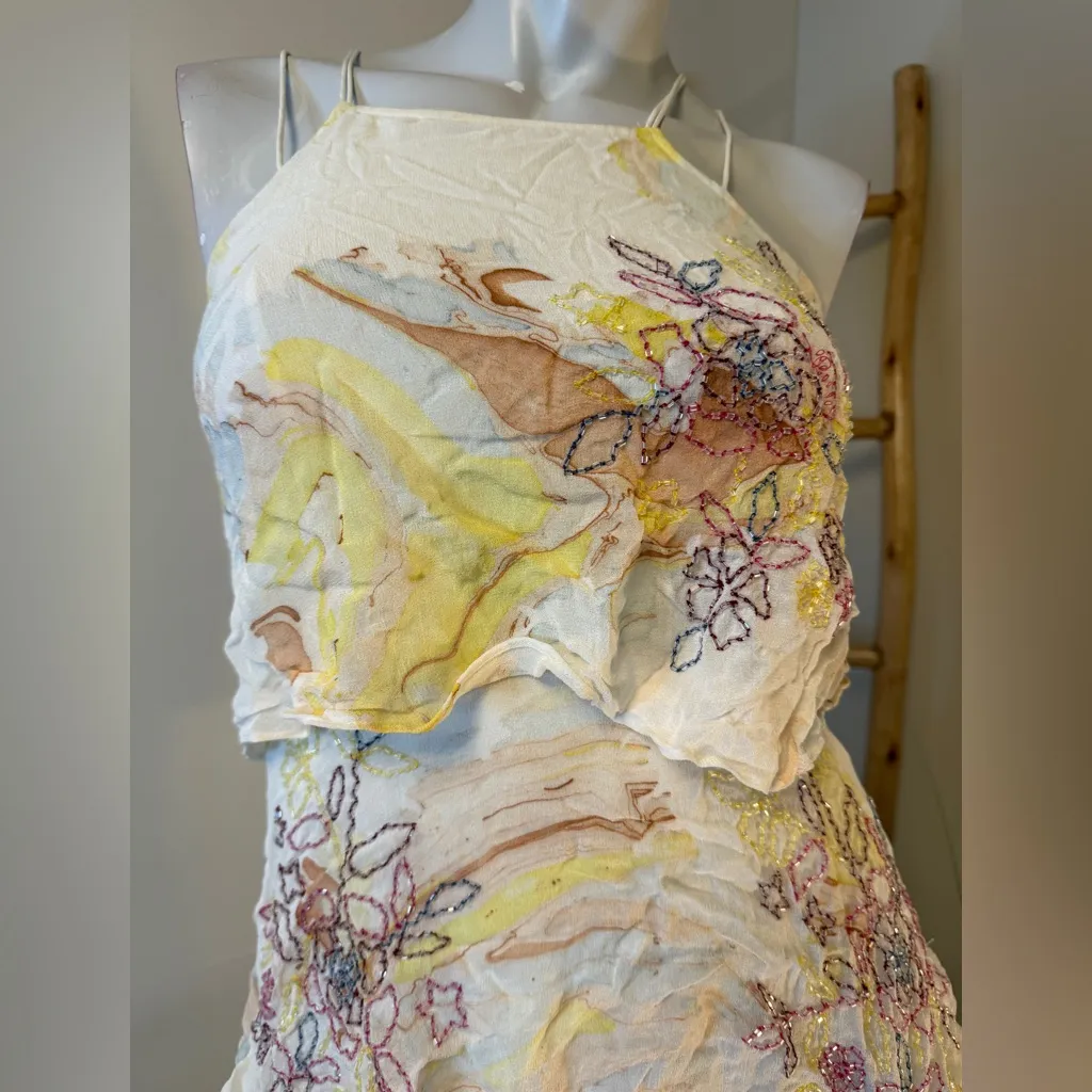 Anthropologie Tiered & Beaded Floral Dress 0P Not So Serious Pallavi Mohan Pink - Image 5