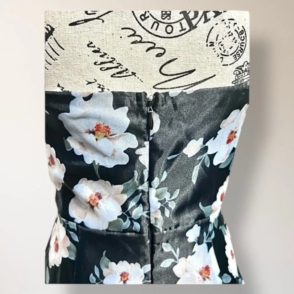 Lulus S Black White Floral Strapless Maxi Dress Bustier Organza Wedding Guest - Image 7