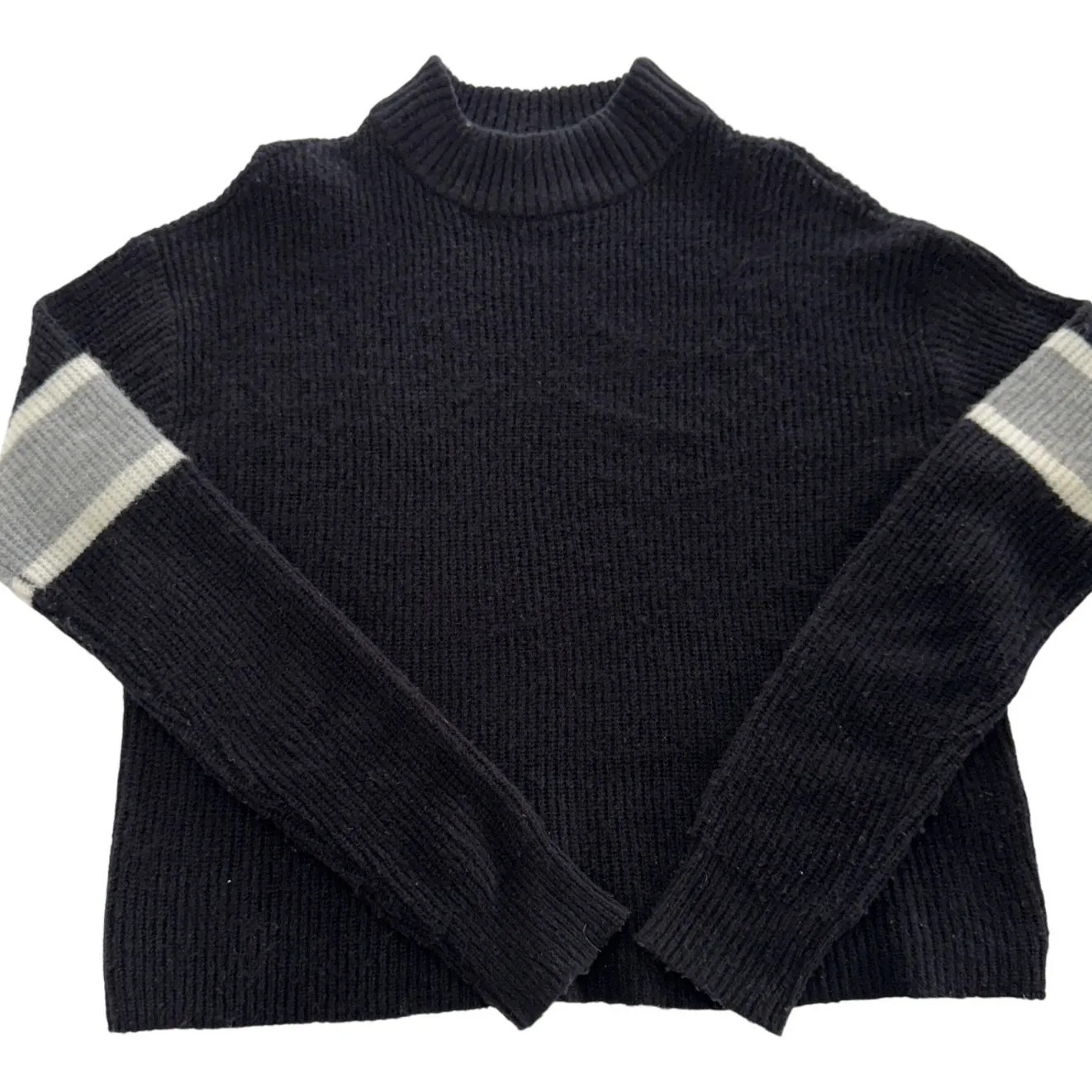 John + Jenn Sweaters Womens Small Black Stripe Sleeve Mock Neck Oversized Knit - Image 1