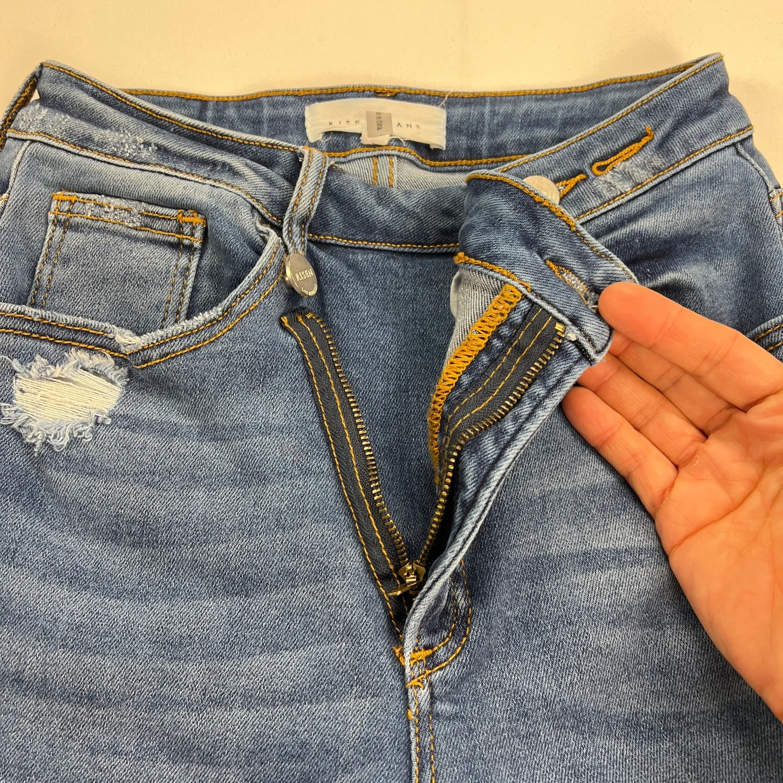 Risen Jeans High Rise Crossover Distressed Straight Leg Jeans RDP5333 Size 1/25 Blue - Image 8