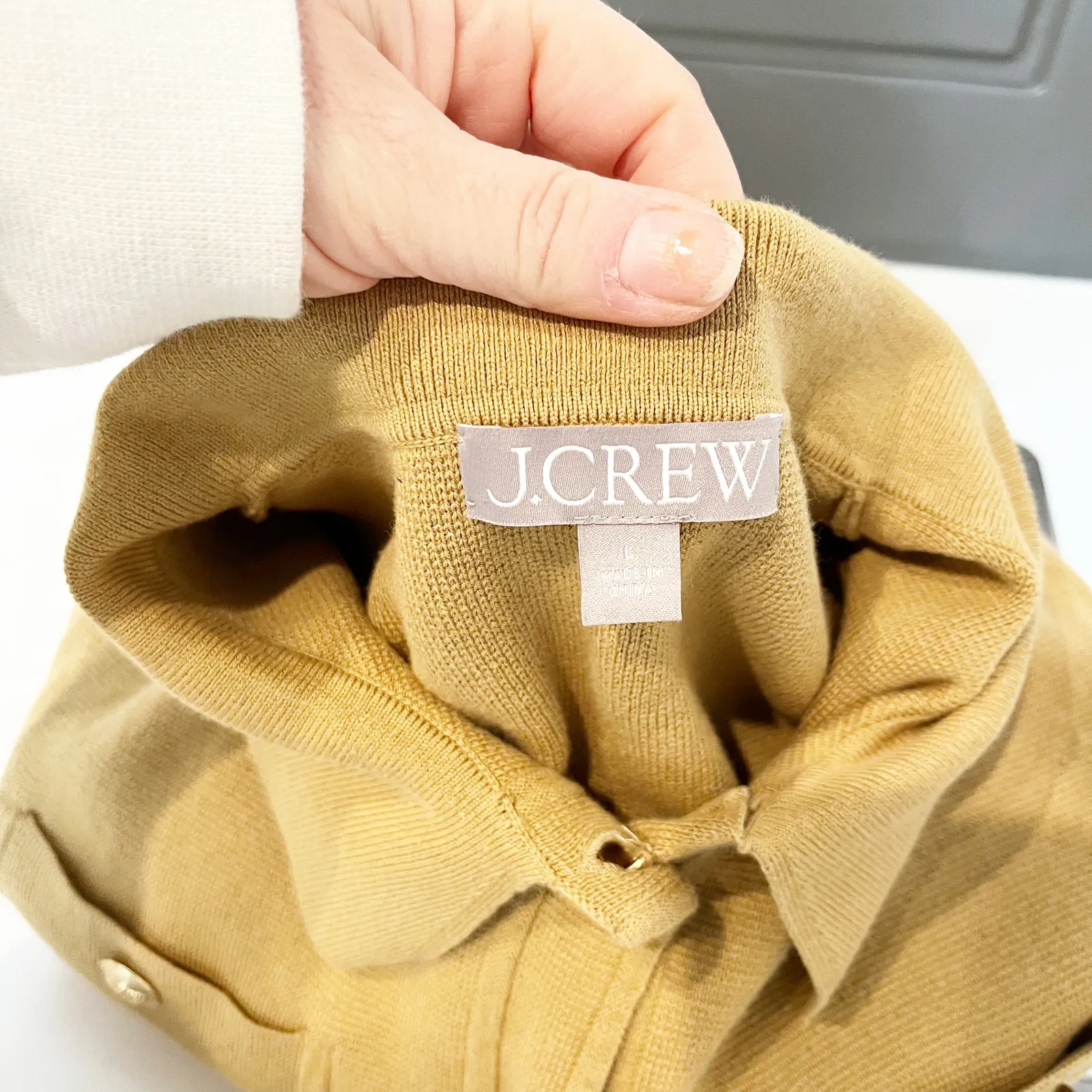J. Crew Long Sleeve Patch-Pocket Button-Front Knit Sweater Lady Jacket Tan Large - Image 2