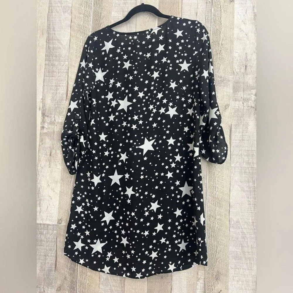 DECREE Chic Black Star Print Tunic Dress Women's Medium Mini Sheer - Image 5