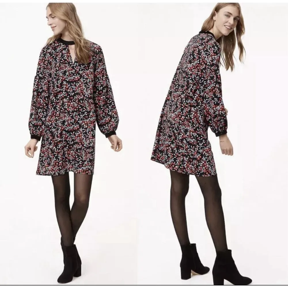 LOFT Dress Womens Size Small Velvet Trim Long Sleeve Keyhole Floral Cherry Berry - Image 12