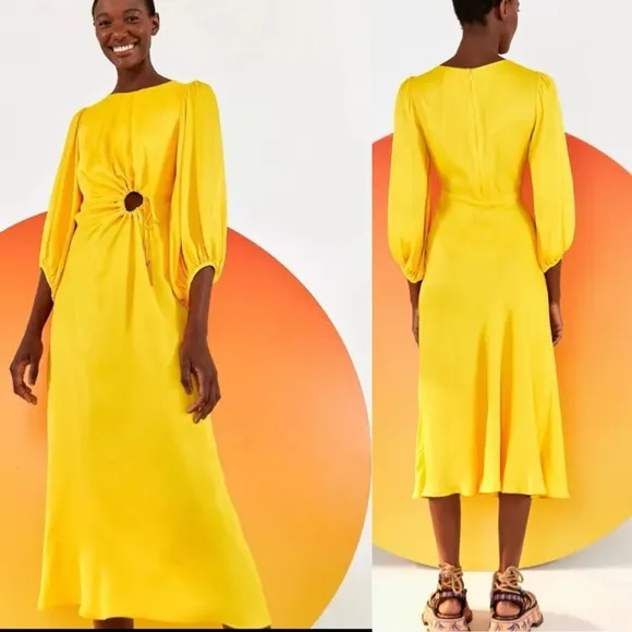 Farm Rio circle front cut out midi dress yellow sz M - Image 3