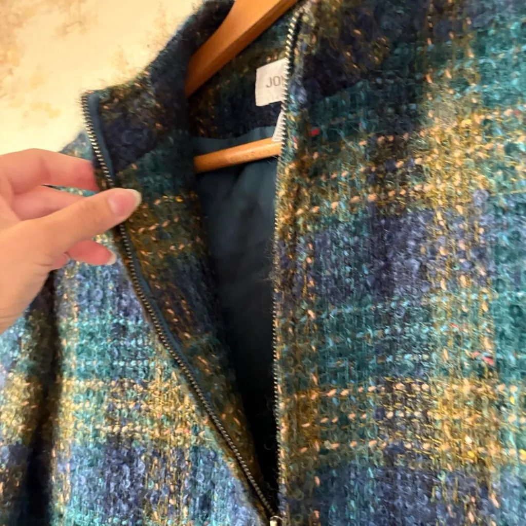 Vintage Jones New York green blue plaid angora wool mock neck cardigan jacket Size 12 - Image 7