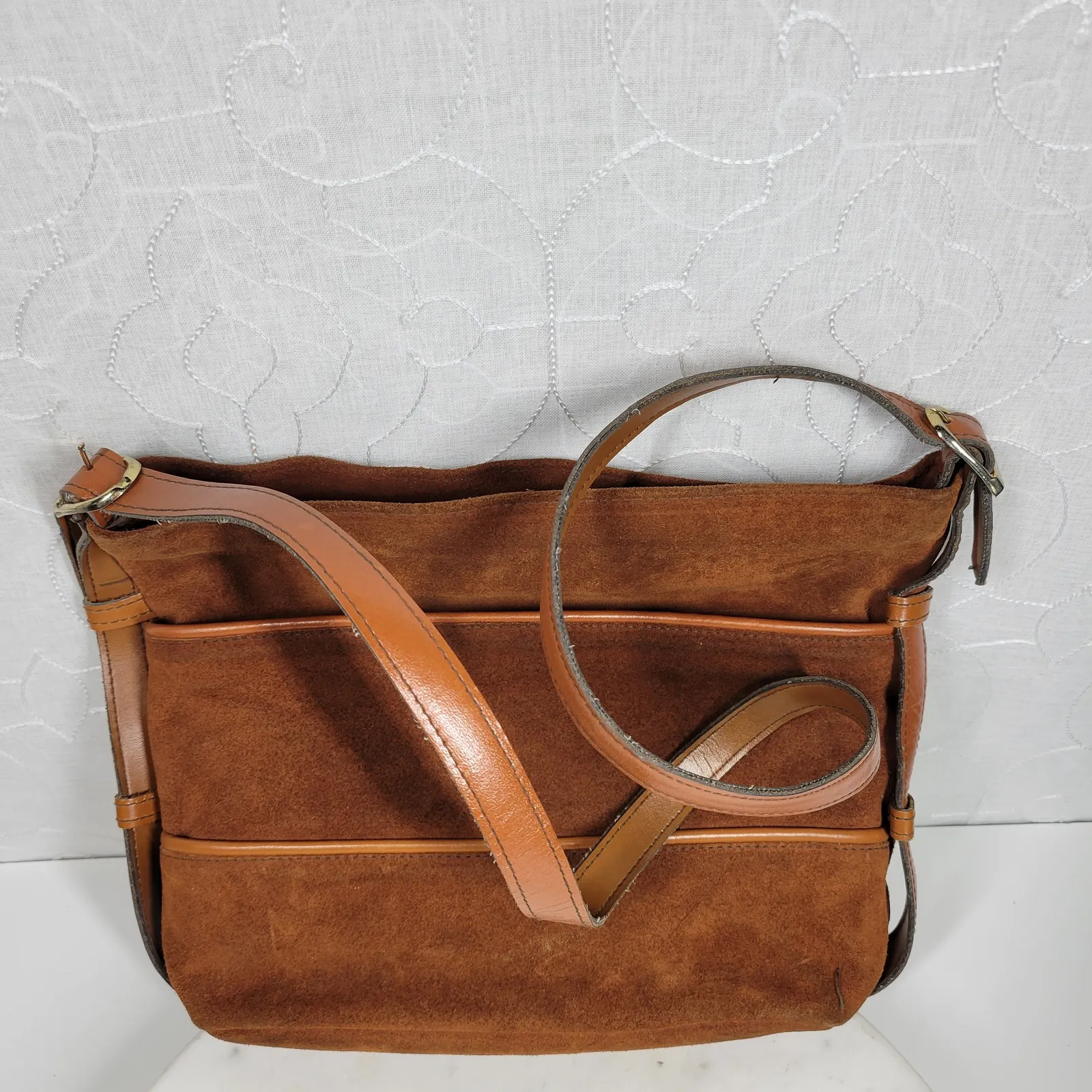Vintage Suede Crossbody Bag Womens 11.5 x 9" Brown Leather Purse Adj‎ Strap Boho - Image 8