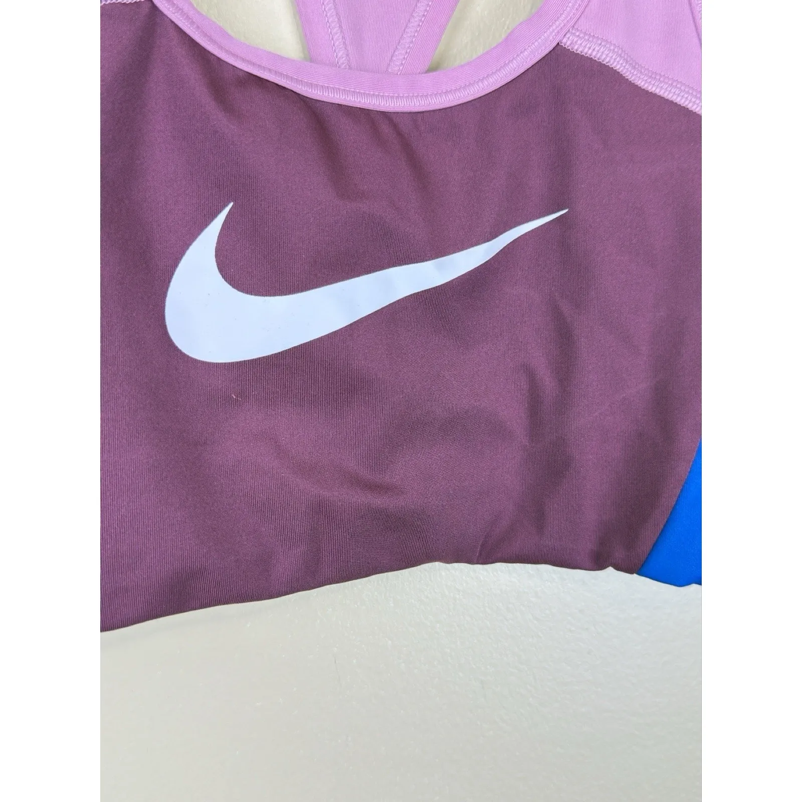 Nike Swoosh Colorblock Sports Bra Small Blue Pink White Racerback Dri-FIT - Image 3