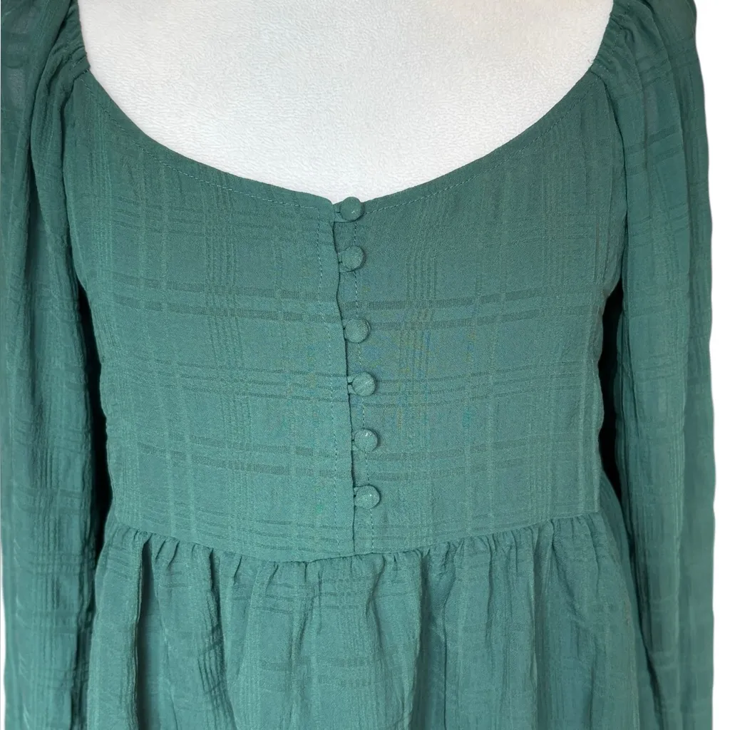 Mi Ami Green Peasant Blouse Cropped Top Sheer Long Holiday Plaid Women Small NWT - Image 4