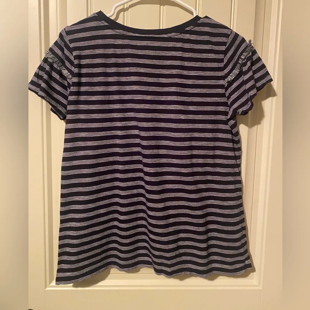 LOFT Striped Ruffles Short Sleeve Crewneck T-Shirt Top - Image 3