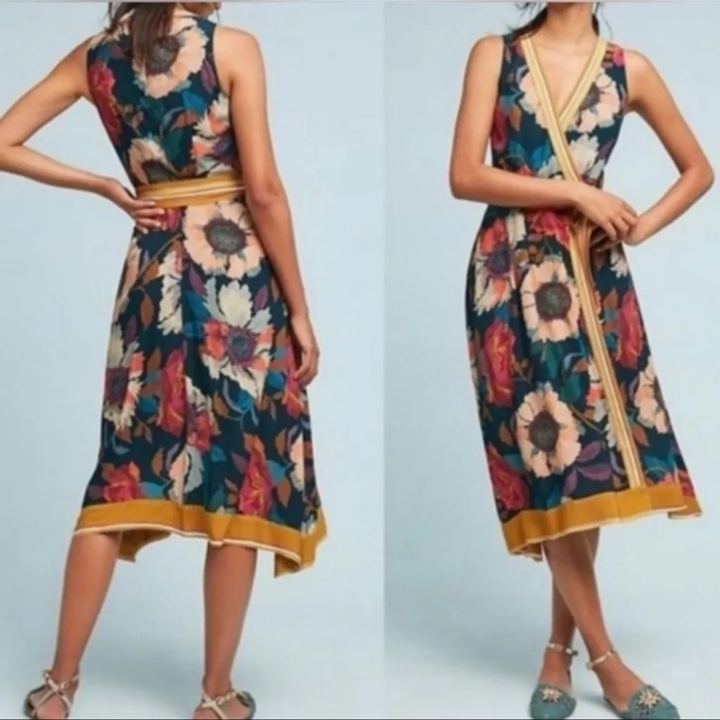 Maeve Anthropologie Botanical Floral Faux Wrap Dress Handkerchief Midi Boho - Image 2