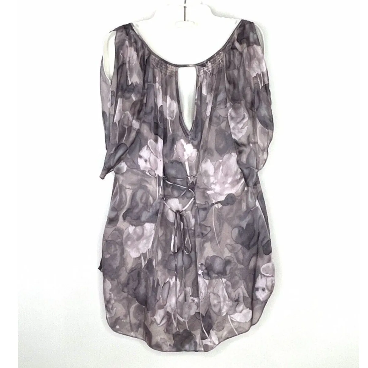 Rebecca Taylor Size 4 Silk Blouse Purple Watercolor Cold Shoulder Corset Back - Image 5