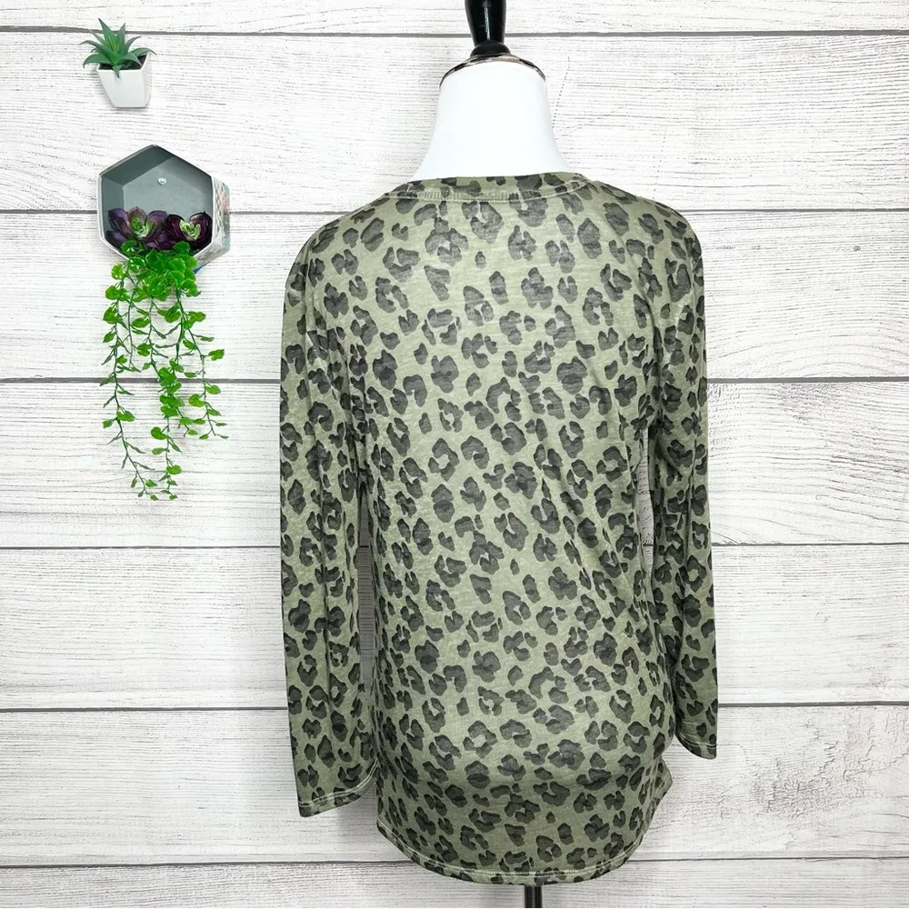 Lucky Brand Olive Green & Black Leopard Print Semi Sheer Long Sleeve Top Small - Image 6