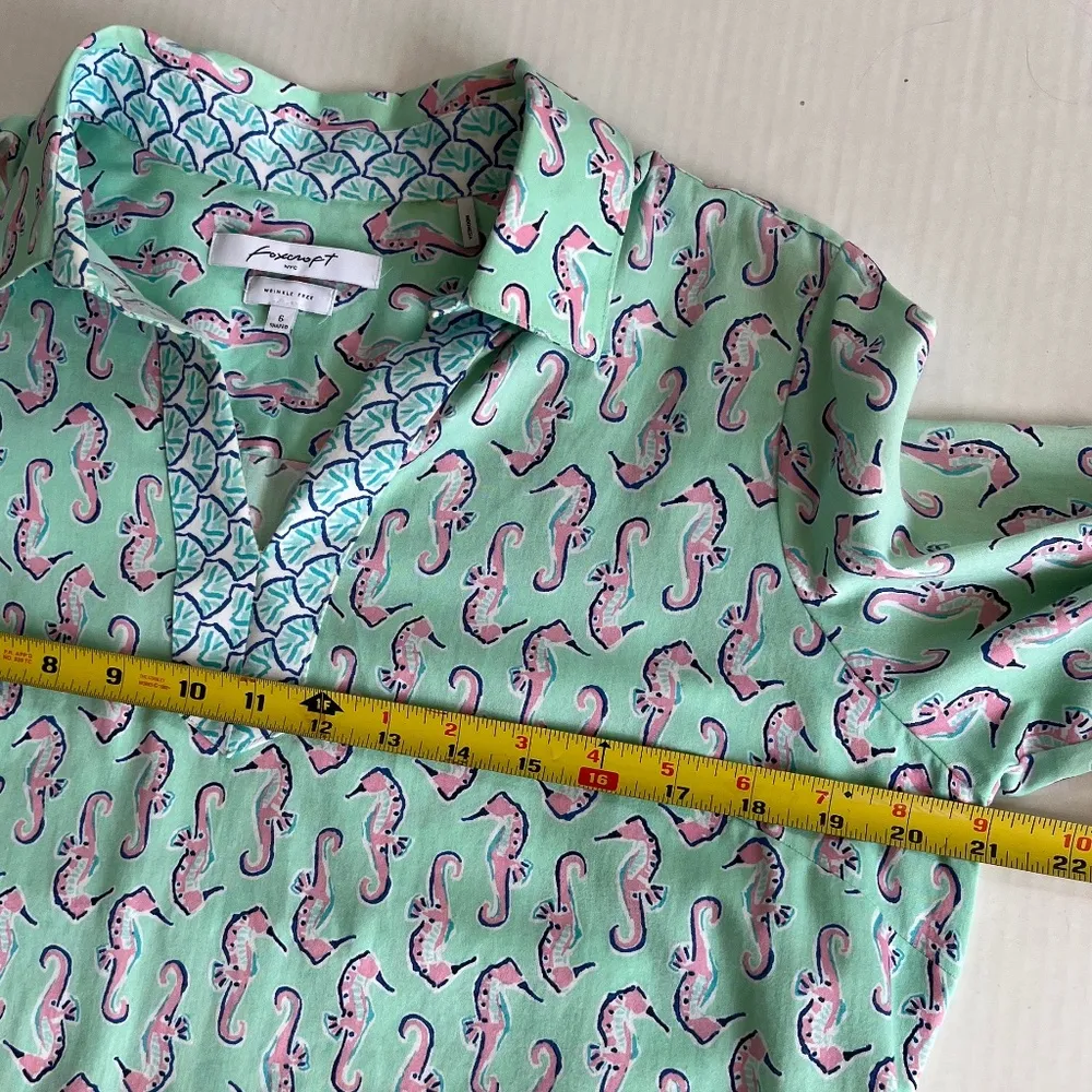 Foxcroft Sz 6 Seahorse Wrinkle‎ Free Fitted Shaped Shirt V Neck Turquoise Blouse - Image 9