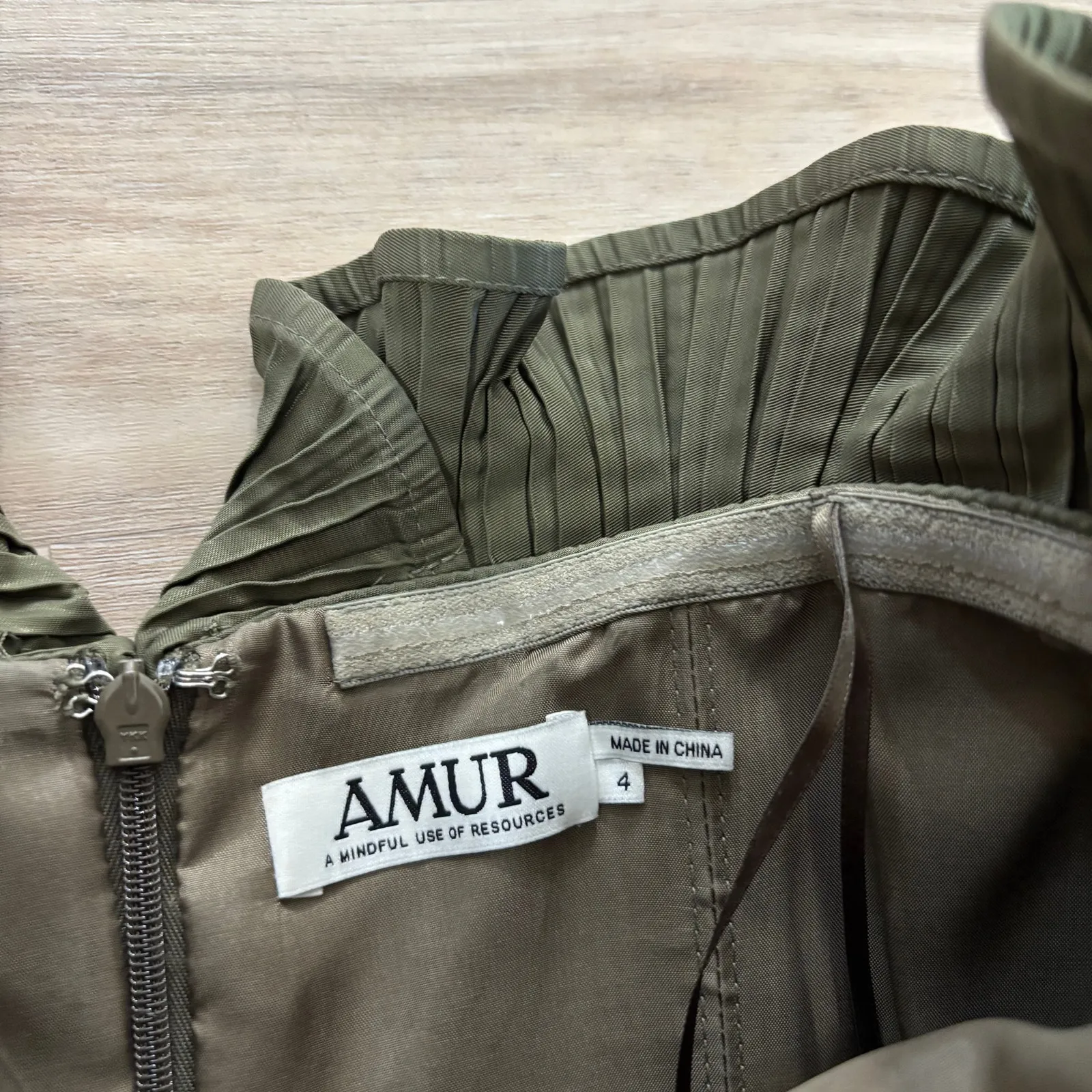 Amur Lorena Strapless Mini Dress Olive Green Pleated Ruffle Women Size 4 - Image 6