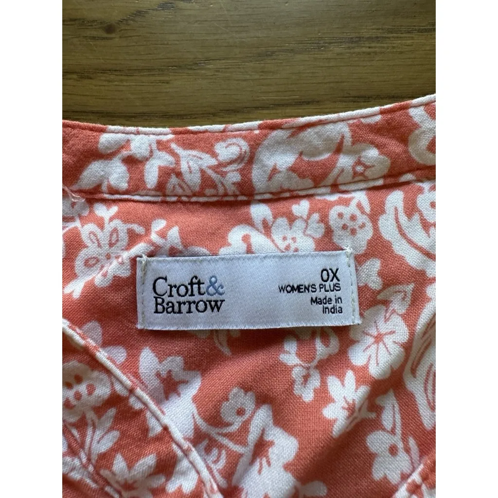 Croft & Barrow Women Plus Sz 0X Floral‎ Short Sleeve Button-Up Shirt Coral Beach - Image 3