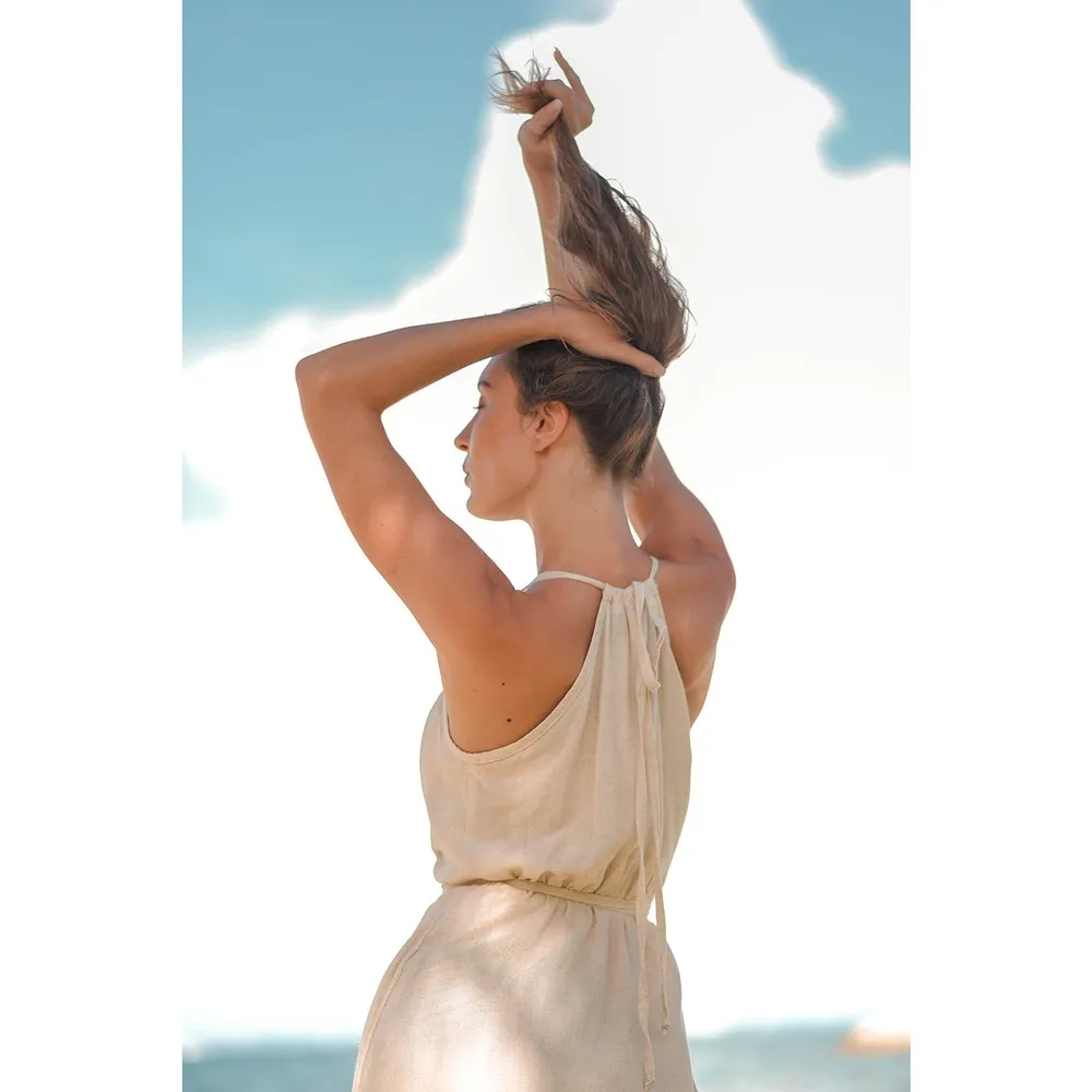 Resort Midi Wrap Dress by T. ZOVICH Linen Sleeveless Beige Raw Hem Ecofriendly - Image 12