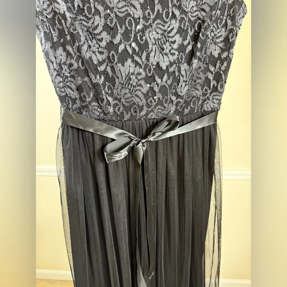 Elegant Lace Bodice Maxi Dress Black Tulle Overlay Formal Gown Prom Tie Small - Image 4