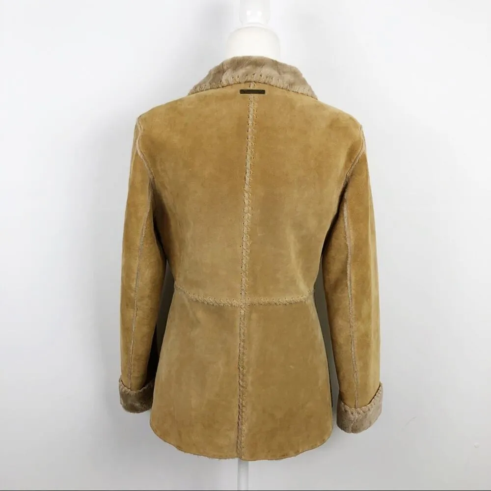 VTG Guess Shearling 100% Leather Patchwork Tan Full zip Jacket Size Small - Image 11