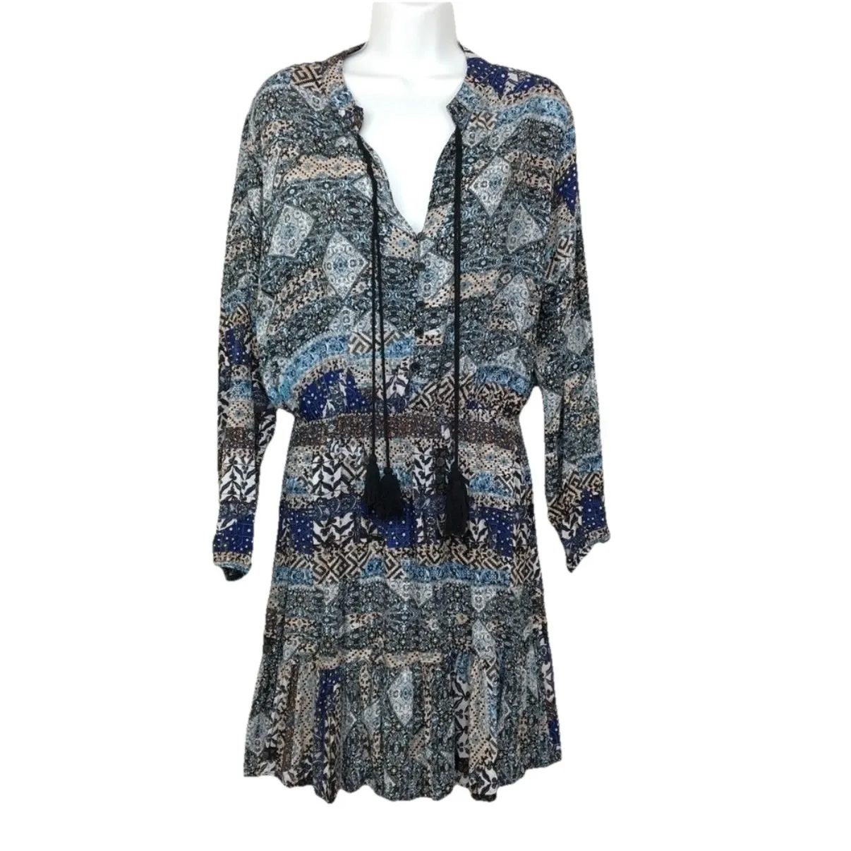 Jaase Blue Floral Babydoll‎ Long Sleeve Boho Tassels Flare Dress Size LARGE - Image 2
